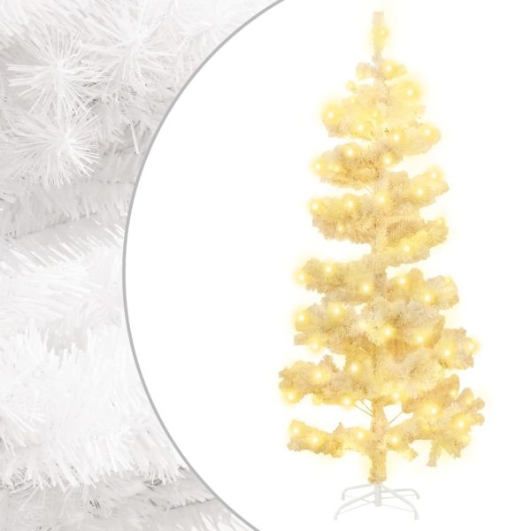 snoet juletræ med fod og LED-lys 150 cm PVC hvid